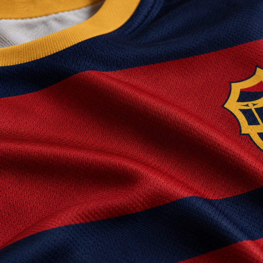 Gros plan sur le tissu du maillot Blue Lock FC Barcha
