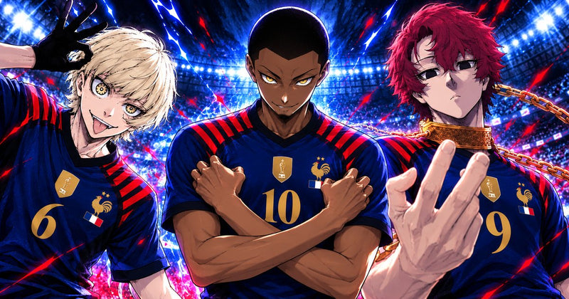 Charles Chevalier, Julian Loki et Vivian Hugo dans le maillot de l'équipe de France U-20 de Blue Lock
