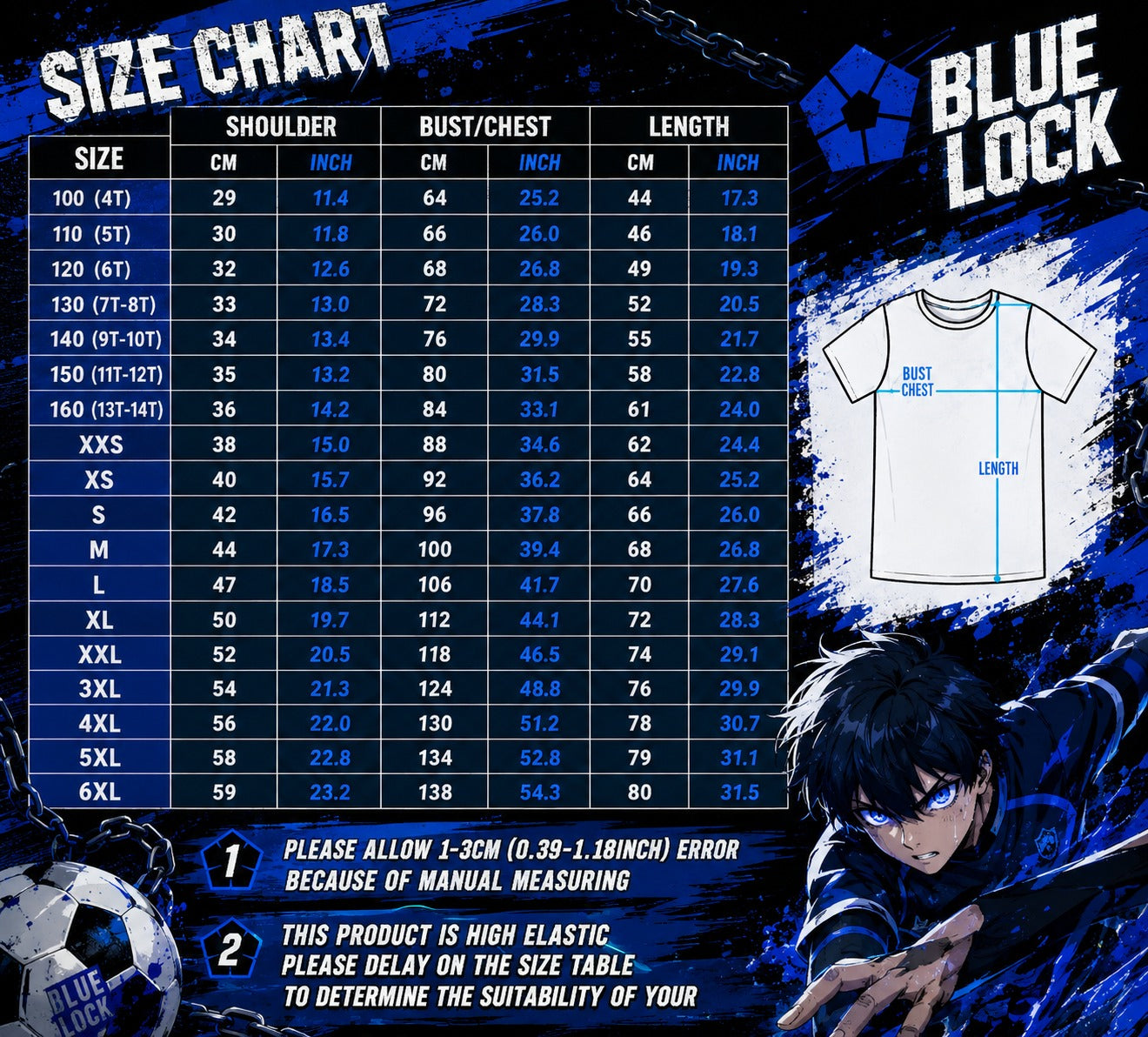 Blue Lock size chart - jersey, in cm and inches