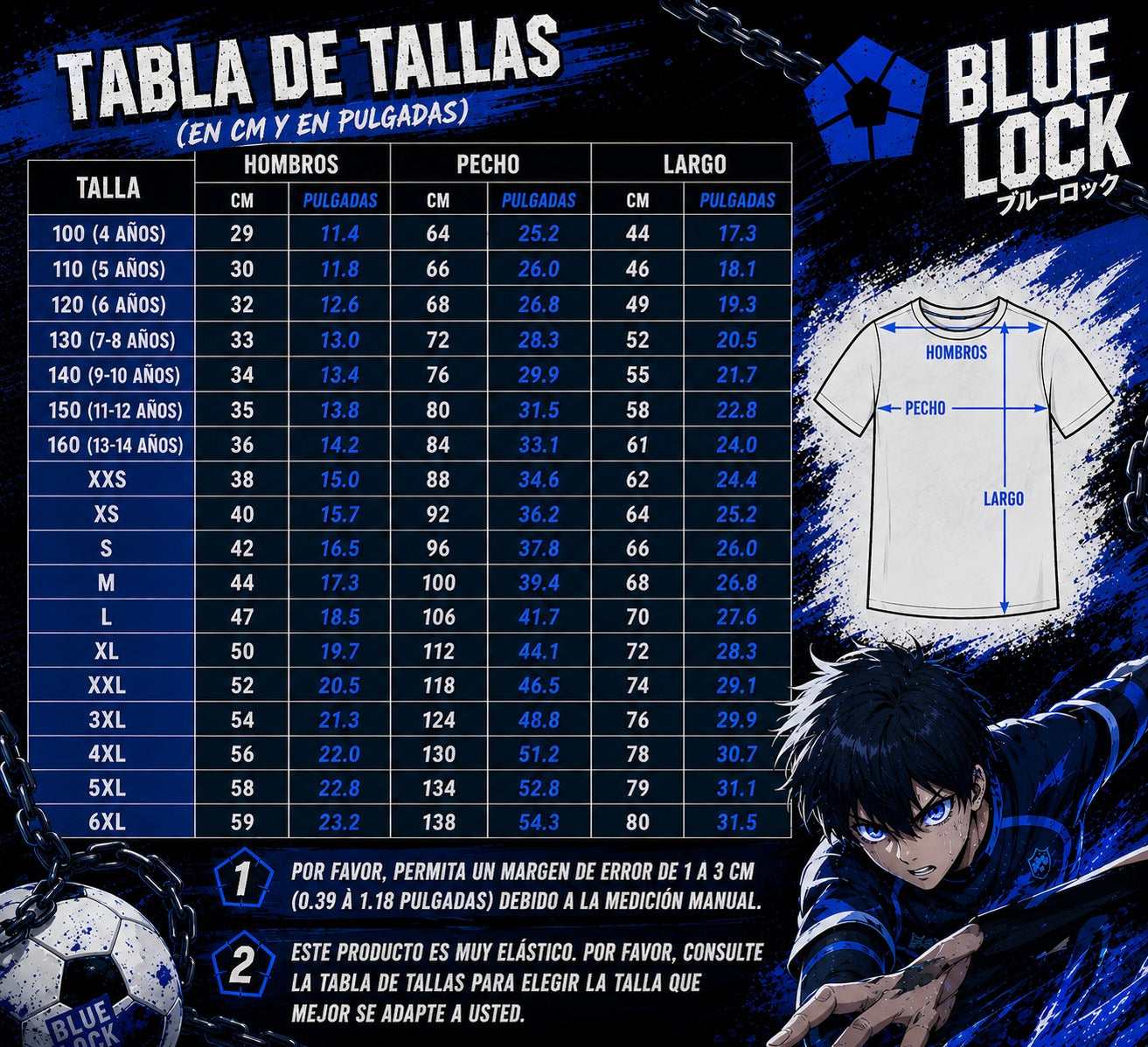 Tabla de tallas Blue Lock - camiseta, en cm y pulgadas
