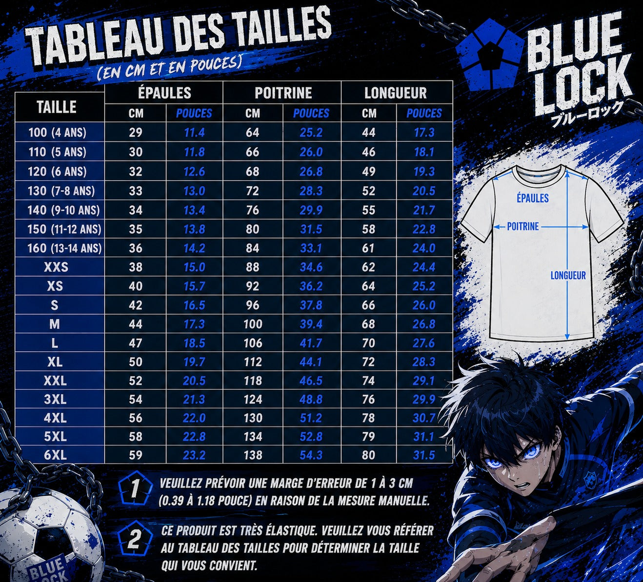 Tableau des tailles Blue Lock - maillot, en cm et en pouces